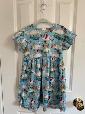 Girls' Sky Blue Toy Story Character Print Ruffle Sleeve Dress